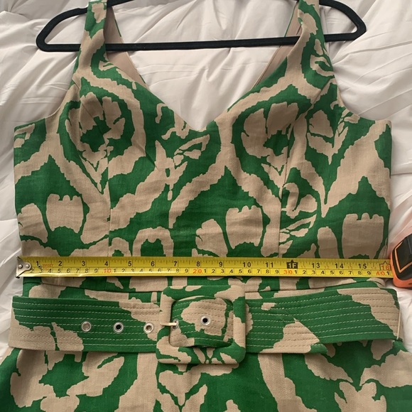 Green and Tan Linen Blend Belted Midi Dress - Picture 12 of 12